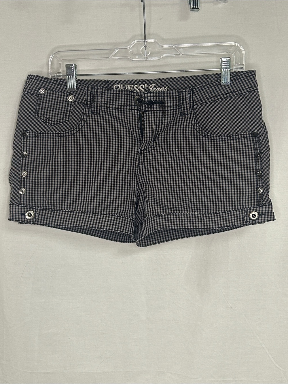 Guess Black-and-White Checkered Stretch Jean Shorts. Size 28